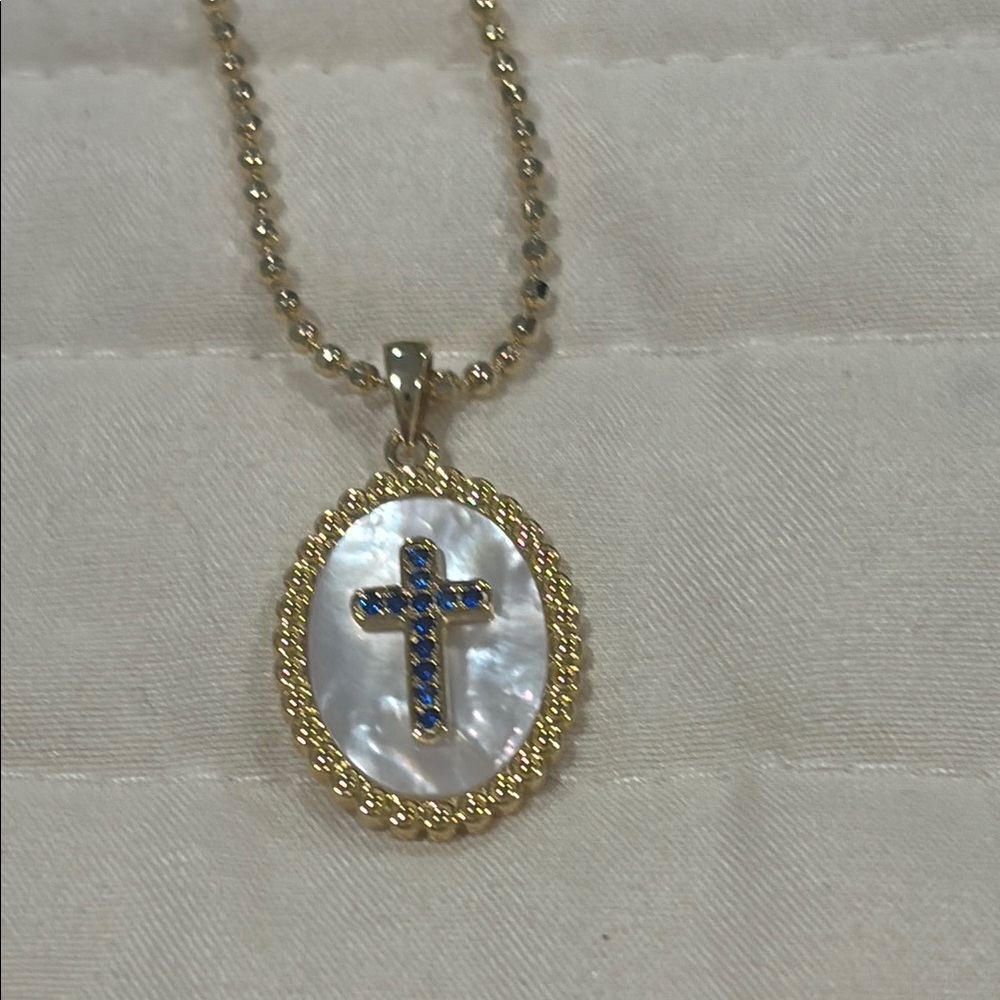 Gold and Blue sapphire Cross Sterling Pendant Necklace